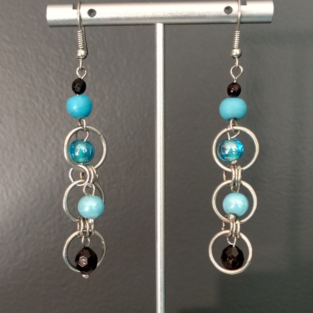 Blue and black silver dangle earrings
